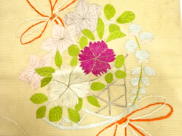 アンティーク　駒絽　花薬玉模様刺繍名古屋帯